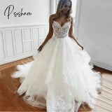 A-Line White Tulle Appliques Bridal Dress Spaghetti Straps Backless Wedding Dresses Lace Ruffled