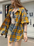 Plaid Pattern Button Up Shirt, Vintage Casual Short Sleeve Shirt For Spring & Summer, Women's Clothing
