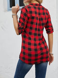 Long Sleeve Plaid Print Half Zip Casual Rollable Blouse, Women's Clothing