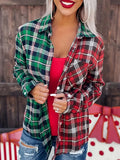 For Spring & Fall, Color Block Plaid Print Shirt, Casual Women's Clothing with Button Front Cuff Sleeve