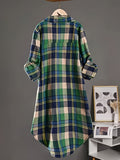 Long Sleeve Plaid Print Button Front Casual Shirt for Spring & Fall, Women's High-low Blouse