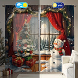 2PCS Christmas Vintage Wooden Cabin Cute Snowman Decorative Curtains, Rod Pocket Decorative Light-Filtering Kitchen Living Room Office Bedroom Home Decor Curtains
