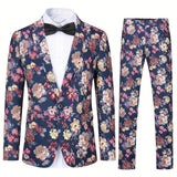 2-Piece Semi-Formal Floral Print Suit Set - Stylish Jacket and Matching Dress Pants for Dinner, Wedding, Party Occasions - Classic Fit, Comfortable, Versatile, and Elegant