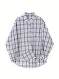 Versatile Plaid Print Loose Shirt with Drop Shoulder and Pocket for Spring & Fall, Women's Clothing