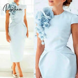 Arabic Light Blue Cap Sleeves Satin Sheath Cocktail Dresses 3D Flowers Tea Length Short Party