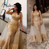 Aso Ebi Arabic Gold Luxurious Sexy Evening Dresses Sheer Neck Lace Beaded Prom Mermaid Formal Party