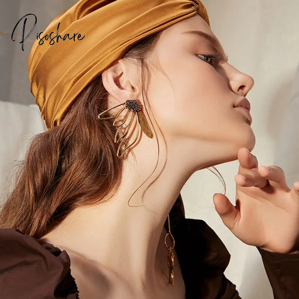 Asymmetric Flower Oversized Dangle Earrings For Women Stunning Korean Vintage Metal Earings Jewelry