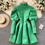 Autumn Winter Puff Long Sleeve Dresses For Women Party Christmas Turtleneck Slim A-Line Elegant New