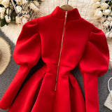 Autumn Winter Puff Long Sleeve Dresses For Women Party Christmas Turtleneck Slim A-Line Elegant New