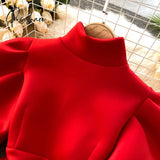 Autumn Winter Puff Long Sleeve Dresses For Women Party Christmas Turtleneck Slim A-Line Elegant New