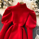 Autumn Winter Puff Long Sleeve Dresses For Women Party Christmas Turtleneck Slim A-Line Elegant New