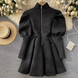 Autumn Winter Puff Long Sleeve Dresses For Women Party Christmas Turtleneck Slim A-Line Elegant New