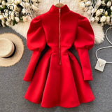 Autumn Winter Puff Long Sleeve Dresses For Women Party Christmas Turtleneck Slim A-Line Elegant New