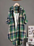 Long Sleeve Plaid Print Button Front Casual Shirt for Spring & Fall, Women's High-low Blouse