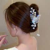Golden-Tone Vintage Zinc Alloy Hair Clip - Elegant Butterfly, Floral Rhinestone, Imitation Pearl Tassels for Sophisticated Updos, Wedding Hairpiece