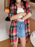 Long Sleeve Plaid Print Button Front Casual Shirt for Spring & Fall, Women's High-low Blouse