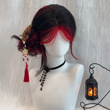 24-Inch Women's Wig with Red Highlights & Black Wavy Long Curly Hair, Heat-Resistant Synthetic Fiber, Elegant Golden Chain & Pearl Accents, Perfect for Parties, Cosplay, and Casual Attire, All Head Sizes Rose Net Cap, Fashion