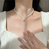 Elegant Camellia Flower Pendant Necklace with White Faux Pearls - Chic Resin Clavicle Chain for Women | Ideal for Daily Wear & Gifting, Flower Necklace
