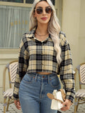 Plaid Print Cropped Shirt - Relaxed Casual Style with Classic Button Front and Long Sleeves for Women - Perfect for Everyday Wear and Daily Occasions