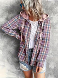 Stylish Plaid Print Hooded Blouse - Women's Casual Long Sleeve Button Front Shirt with Relaxed Fit - Perfect for Daily Wear