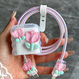 [TPU Tulip Case for iPhone Gift] 5pcs Set, 3D Tulip Flower Charger Case with Cable Holder, TPU Material, for iPhone, Ideal Gift for Girlfriend, No Battery Included