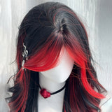 24-Inch Women's Wig with Red Highlights & Black Wavy Long Curly Hair, Heat-Resistant Synthetic Fiber, Elegant Golden Chain & Pearl Accents, Perfect for Parties, Cosplay, and Casual Attire, All Head Sizes Rose Net Cap, Fashion
