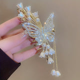 Golden-Tone Vintage Zinc Alloy Hair Clip - Elegant Butterfly, Floral Rhinestone, Imitation Pearl Tassels for Sophisticated Updos, Wedding Hairpiece
