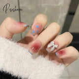 Ballet Long Press On Fake Nails With Rhinestones False Nails Design Cute Bowknot Nail Tips N5101 /