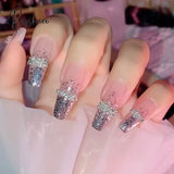 Ballet Long Press On Fake Nails With Rhinestones False Nails Design Cute Bowknot Nail Tips N536 /