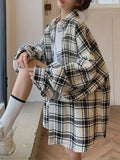 Women's Plus Size Plaid Shirt, Polyester Blend, Button-Down, Non-Stretch, Seasonal, Casual Top, Oversized, Korean Style, Checkered Pattern, Woven Fabric
