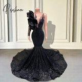 Black Sequin African Girl Long Mermaid Prom Dresses 2023 Ruffles Single Full Sleeve Women Formal