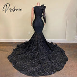 Black Sequin African Girl Long Mermaid Prom Dresses 2023 Ruffles Single Full Sleeve Women Formal