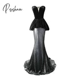 Black Silver Sequins Celebrity Dress Strapless Sleeveless A Line Slim Ruffle Mermaid Women Wedding