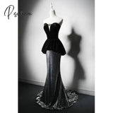 Black Silver Sequins Celebrity Dress Strapless Sleeveless A Line Slim Ruffle Mermaid Women Wedding