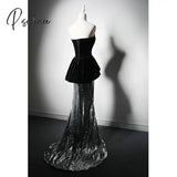 Black Silver Sequins Celebrity Dress Strapless Sleeveless A Line Slim Ruffle Mermaid Women Wedding