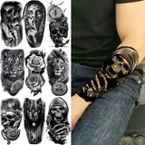 Black Skull Halloween Skeleton Temporary Tattoo For Men Adults Realistic Lion Tiger Wolf Scary Fake