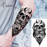 Black Skull Halloween Skeleton Temporary Tattoo For Men Adults Realistic Lion Tiger Wolf Scary Fake