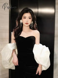 Black Temperament Bridesmaid Dresses Strapless Sweetheart Puff Sleeve Mermaid Lace-Up Ceremony Sexy