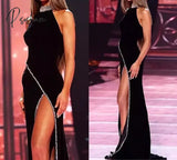 Black Velvet Evening Dresses 2022 Halter Neck Backless Side Split Rhinestone Sexy Long Formal Party