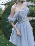 Blue Princess Celebrity Dresses Luxury Boat Neck Feather Strapless Backless Pleated Long Trailing