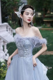 Blue Princess Celebrity Dresses Luxury Boat Neck Feather Strapless Backless Pleated Long Trailing