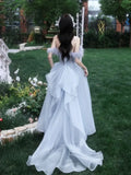 Blue Princess Celebrity Dresses Luxury Boat Neck Feather Strapless Backless Pleated Long Trailing