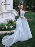 Blue Princess Celebrity Dresses Luxury Boat Neck Feather Strapless Backless Pleated Long Trailing