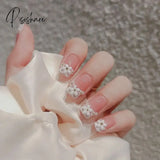 Bride Shining Rhinestone False Nails Wedding Ladies 24Pcs Simple Fashion French White Beige Acrylic