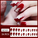 Bride Shining Rhinestone False Nails Wedding Ladies 24Pcs Simple Fashion French White Beige Acrylic