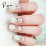 Bride Shining Rhinestone False Nails Wedding Ladies 24Pcs Simple Fashion French White Beige Acrylic