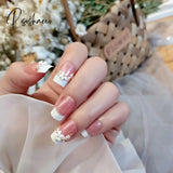 Bride Shining Rhinestone Wedding False Nails Ladies Simple Fashion French Fake White Beige Acrylic