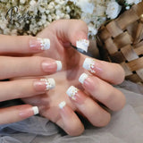 Bride Shining Rhinestone Wedding False Nails Ladies Simple Fashion French Fake White Beige Acrylic