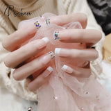 Bride Shining Rhinestone Wedding False Nails Ladies Simple Fashion French Fake White Beige Acrylic