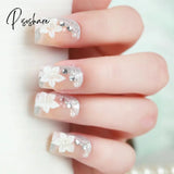 Bride Shining Rhinestone Wedding False Nails Ladies Simple Fashion French Fake White Beige Acrylic